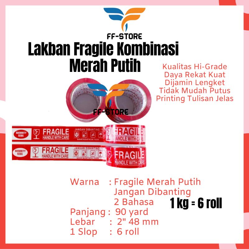 

[Grosir] Lakban Fragile Merah Solatip Jangan Dibanting Putih 2 inch 48 mm 90 yard 50 mikron Dua Bahasa