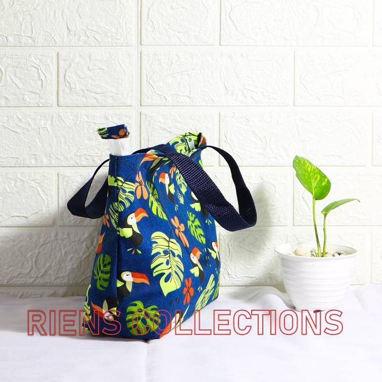 AS WANITA HANDBAG KECIL BAHAN KANVAS MOTIF BURUNG RONGRANG BIRU. RIENS COLLECTIONS