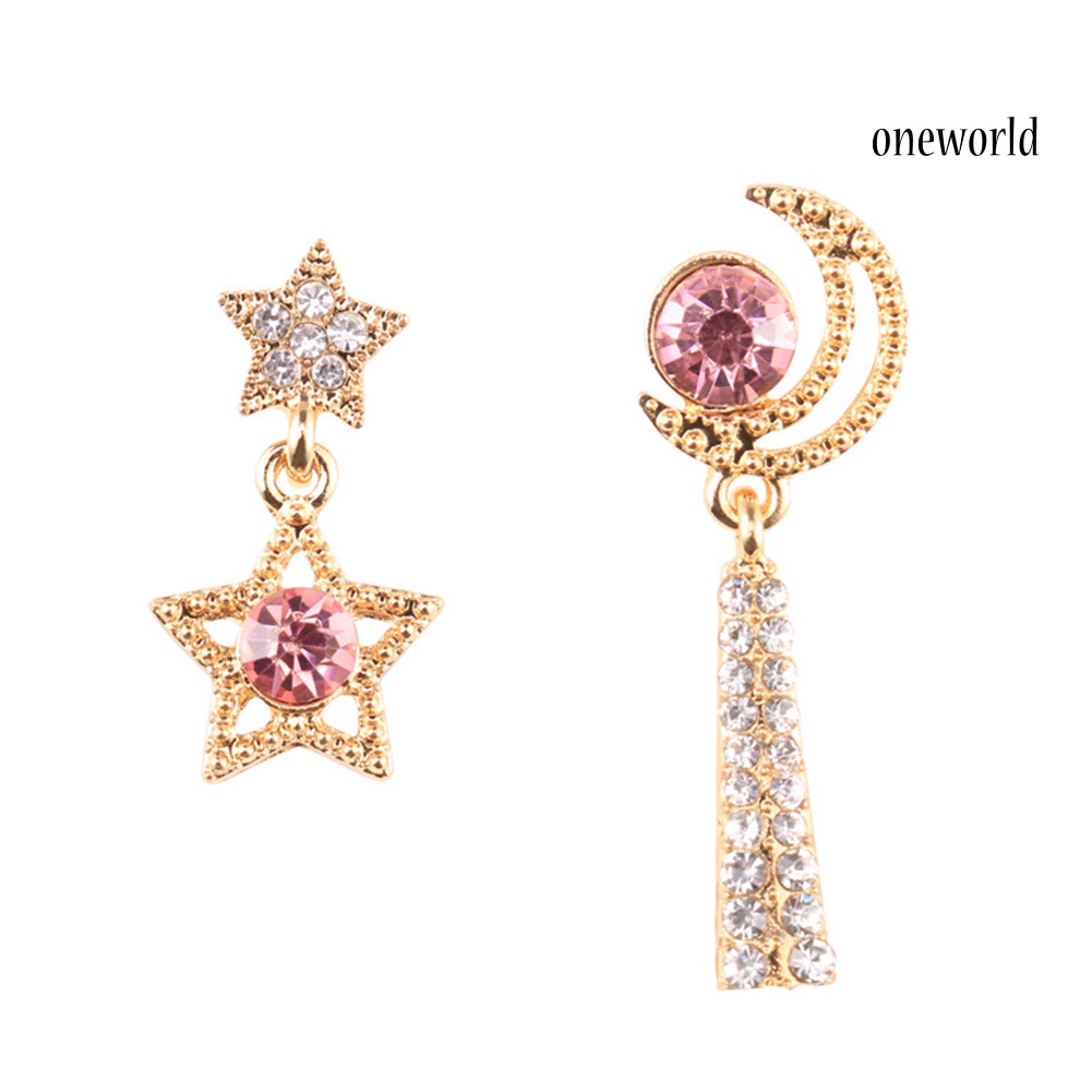 OW# Women Rhinestone Moon Star Asymmetric Dangle Ear Stud Earrings Jewelry Gift