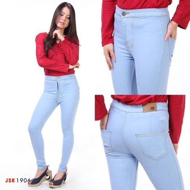 Highwaist Panjang Celana Wanita Jeans Import Denim JSK Jeans Softjeans Putih pinggang