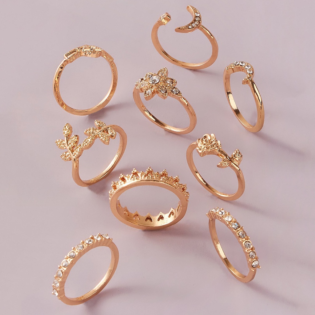 Bayi Bulan pentagram Bintang Bulan Daun Rose Diamond Crown 9 9 buah set ring set