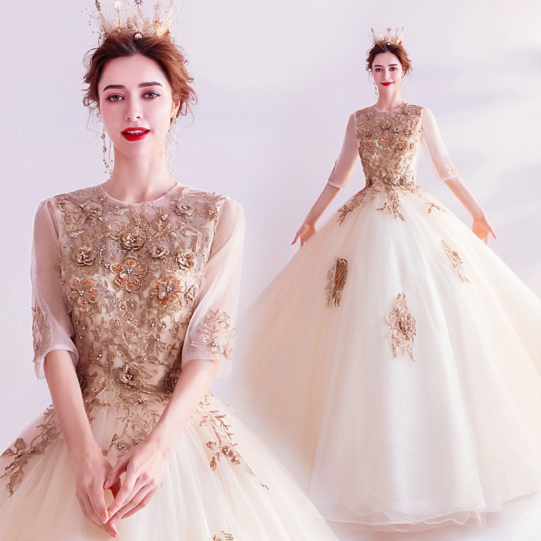 

Beautiful bride Her Majesty's golden gilded flowers Long Sleeved bride wedding dress banquet annual meeting dress 1006