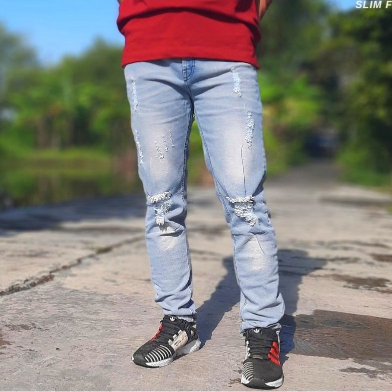 (PROMO) COD Celana Ripped Jeans Pria Panjang Sobek Lutut Slim Fit Bahan Melar Stretch Original