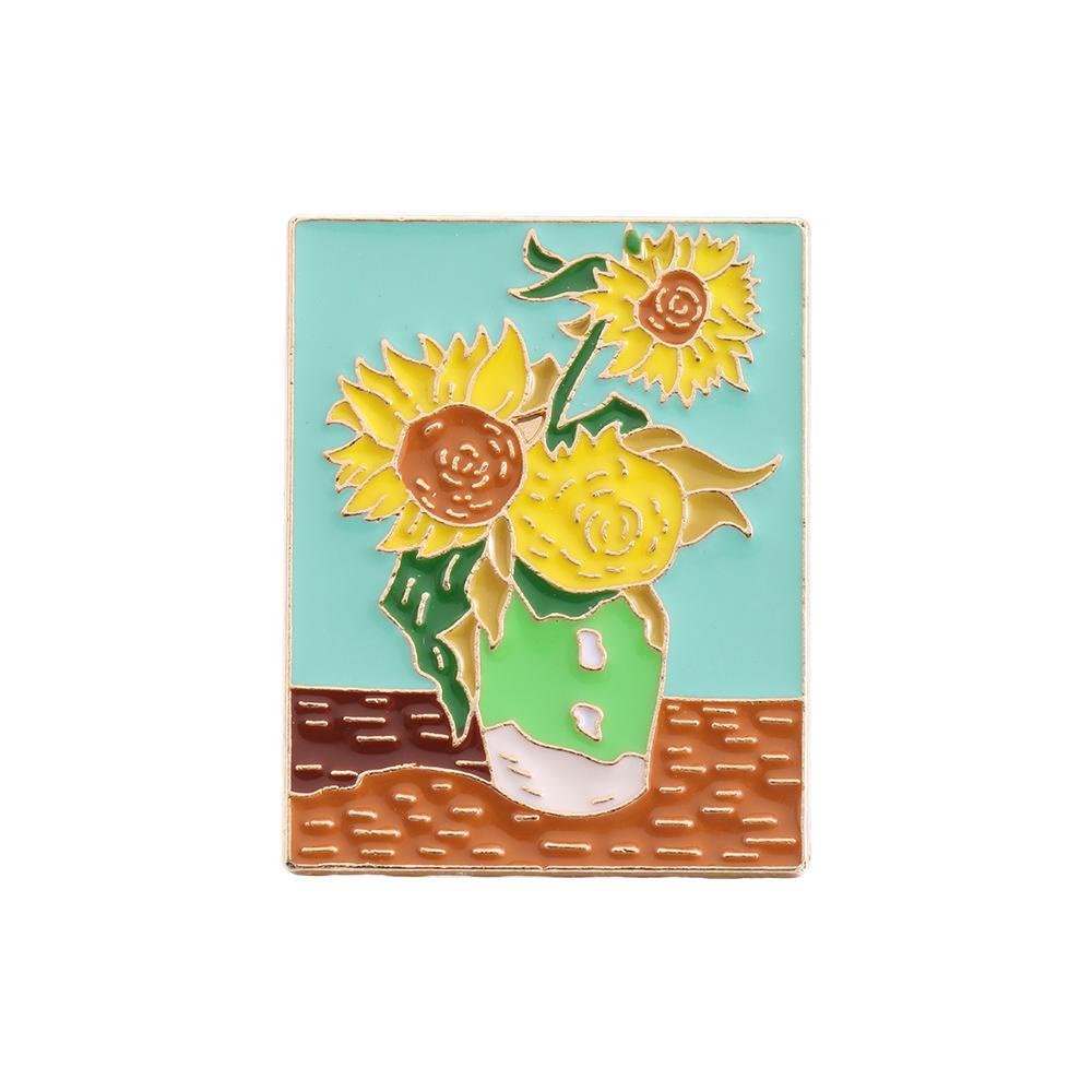 Lily Van Gogh Bros Bunga Matahari Alloy Perhiasan Bros Lukisan Enamel Lencana