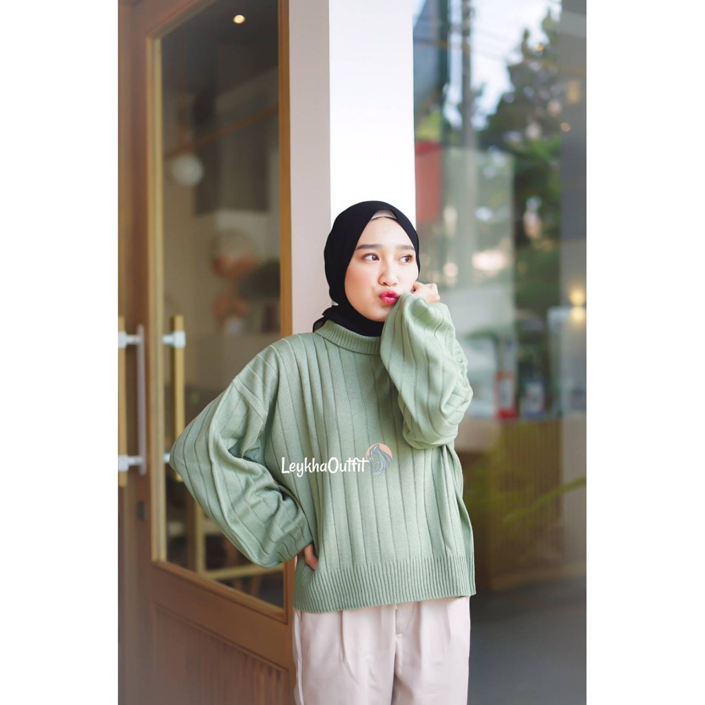 Sweater Rajut Crop Turtle Wanita Dewasa Tangan Ballon Dhanin Blouse Bahan Knit