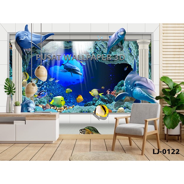 Cetak Wallpaper Dinding 3d Pemandangan Jendela ikan Laut