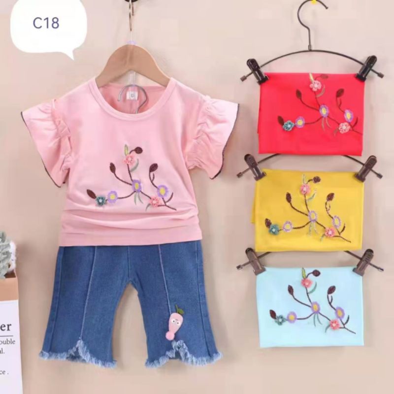 1-4 Tahun setelan Jeans Anak termurah Set Kaos Ruffle dan Celana Jeans Import Setelan anak perempuan Import