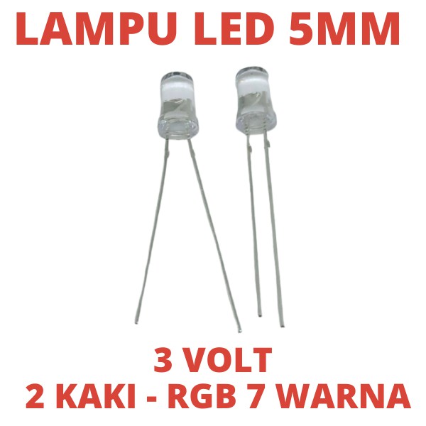 LAMPU LED 5MM 2 KAKI RGB 7 WARNA 3VOLT 3V DIODA DIODE BLINKING 5 MM 5 MILI TRANSPARAN KECIL TOPI