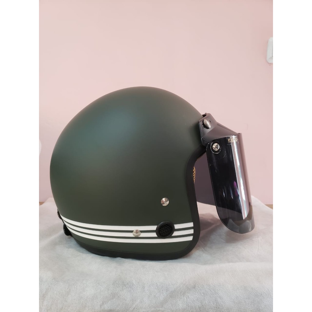 Helm Bogo / Helm Retro / Helm IOZ Line Green Army Doff + Kaca Helm Datar