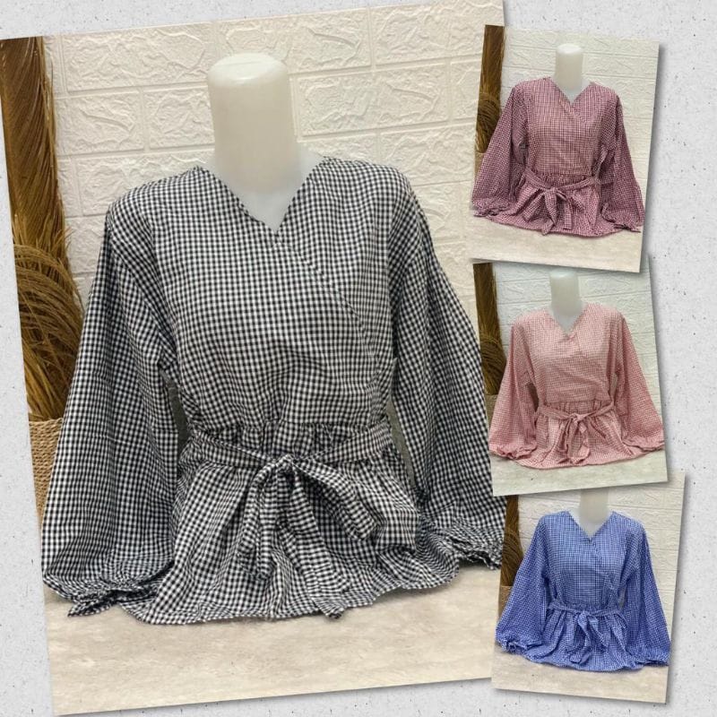 Blouse Kimono Salur Lengan Balon Atasan Blouse Kimono Tali Pinggang Tangan Balon