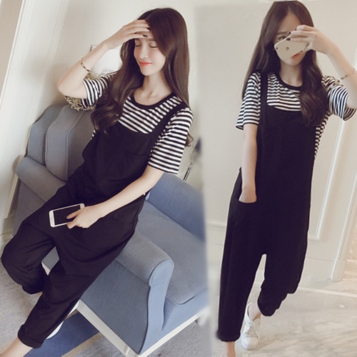 Celana Panjang Overall Jumpsuit Wanita Korean Style Longgar Tipis Suspender Wanita Casual Celana Set Baju Lengan Pendek