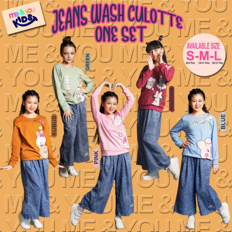 ME & YOU ONESET JEANS WASH CULLOTE ONE SET - baju kaos setelan celana panjang bahan jeans premium mo