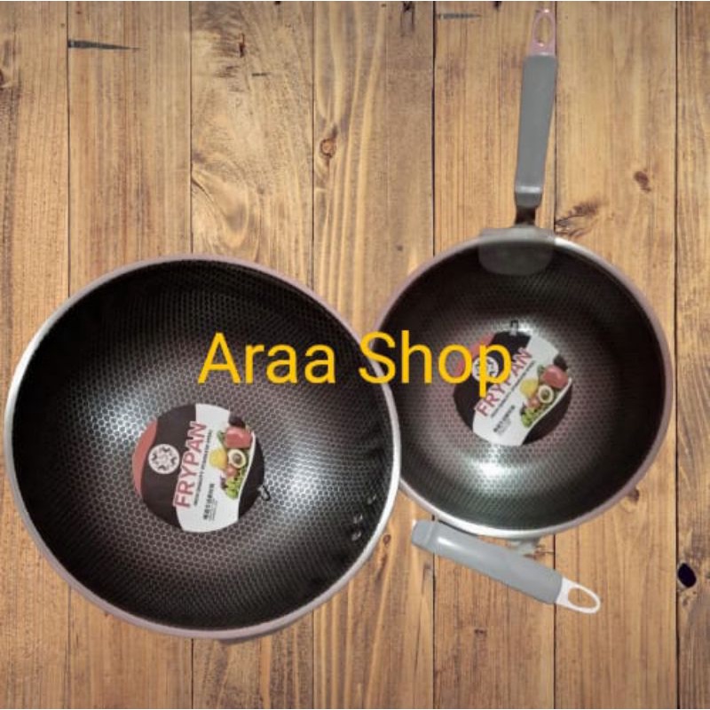 Fry Pan Wajan Penggorengan Stainless Steel Tebal Anti Lengket 34cm,32cm,30cm /Wok Pan Frypan Gagang 