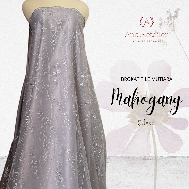 Bahan Kain Brokat Tile Akar Mutiara Glitter Mahogany Warna Silver Abu