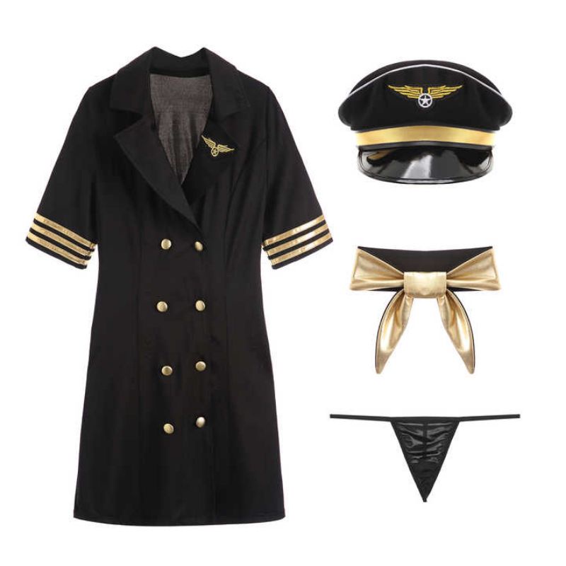 PREMIUM Kostum Seragam Pramugari Sexy + Syal + Topi Pilot Sailor Uniform Cosplay