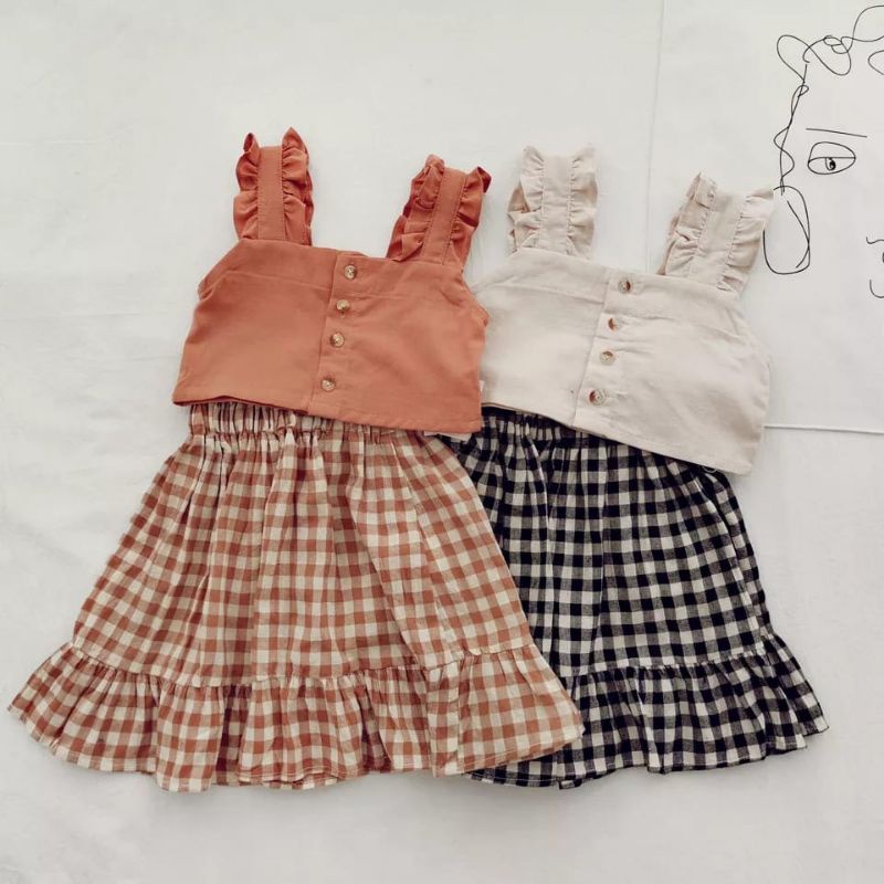 DRESS TANKTOP DAN ROK KOTAK-KOTAK ANAK ALA KOREA