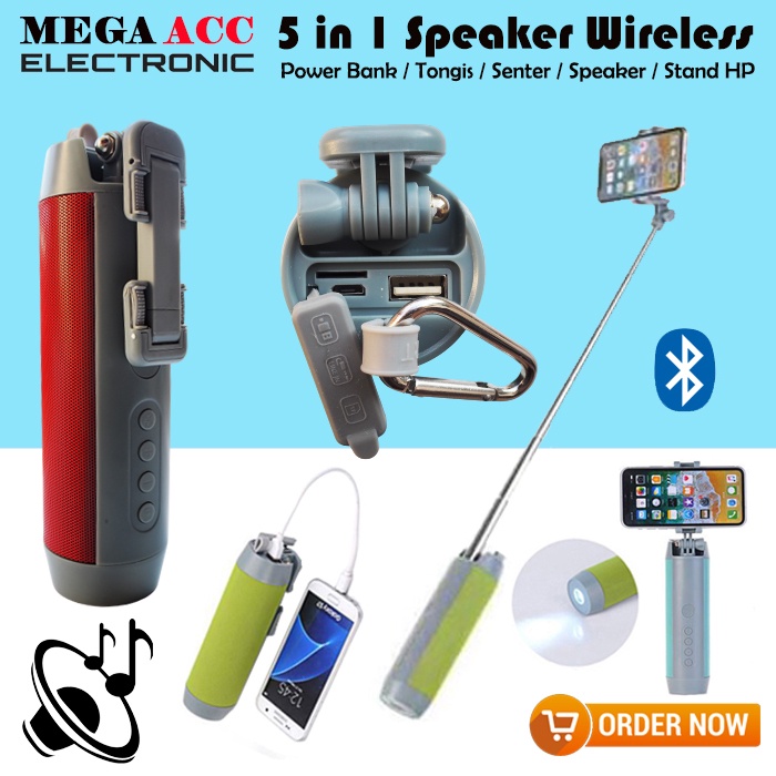 Tongsis 5 in 1 With Speaker Bluetooth / Power Bank / Senter