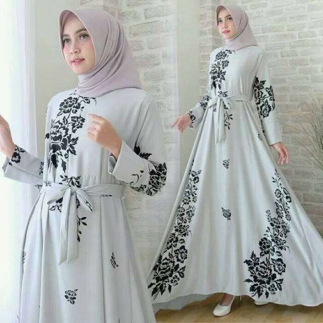 Busana Muslim Wanita Zeria Maxi Busi Baju Lebaran Motif Bunga Warna Putih