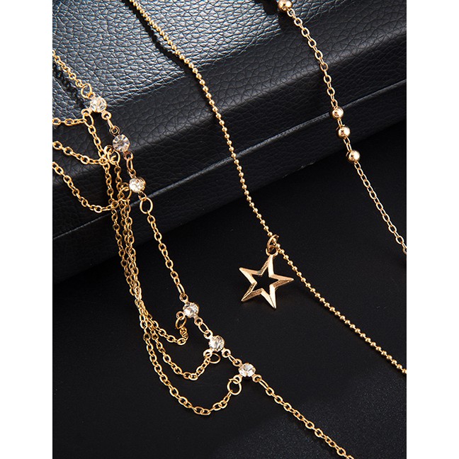 LRC Gelang Kaki Fashion Gold Diamond Alloy Chain Hollow Star Beads 3 Layer Anklet D05250