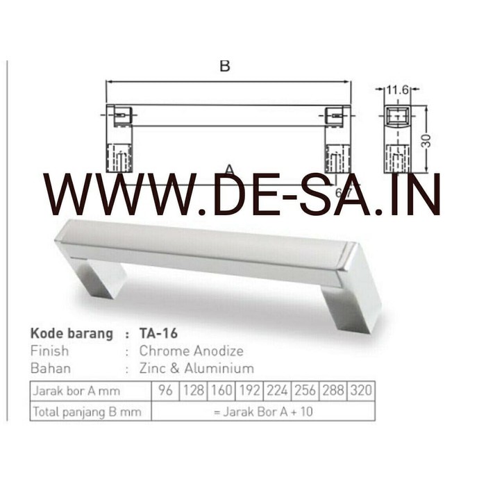 Huben TA-16 224 mm - Handle Tarikan Laci Pintu Kabinet Minimalis Zinc Aluminium Chrome Anodized Meja Lemari (Sekitar 22 - 23 - 24 cm )