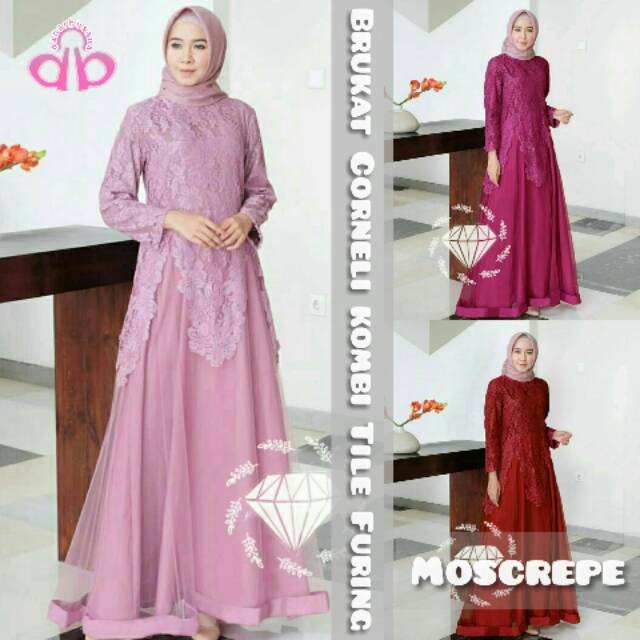 BAJU PESTA CANTIK MEWAH TERBARU GAMIS MAXI RABBANI  BAHAN BRUKAT CORNELI KOMBI TILE FURING +MOSCREPE