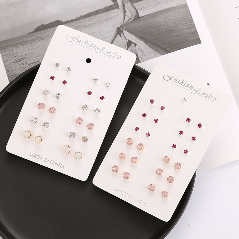 12 Pasang / Set Anting Stud Berlian Imitasi Bahan Alloy Untuk Wanita