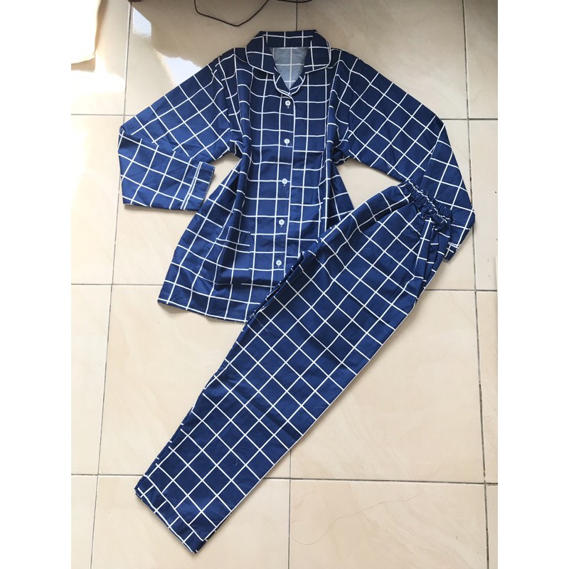 piyama/pajamas kotak&quot; PP katun navy murah.homewear/sleepwear/bajutidur cwe PP tartan biru kekinian