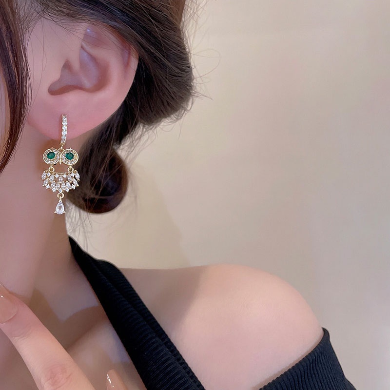 Anting Tusuk Sterling silver 925 Desain Burung Hantu Hias Zircon Hijau Untuk Wanita