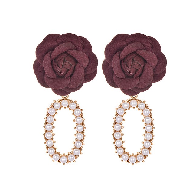 LRC Anting Tusuk Fashion Alloy Pearl Fabric Flower Earrings F340XX