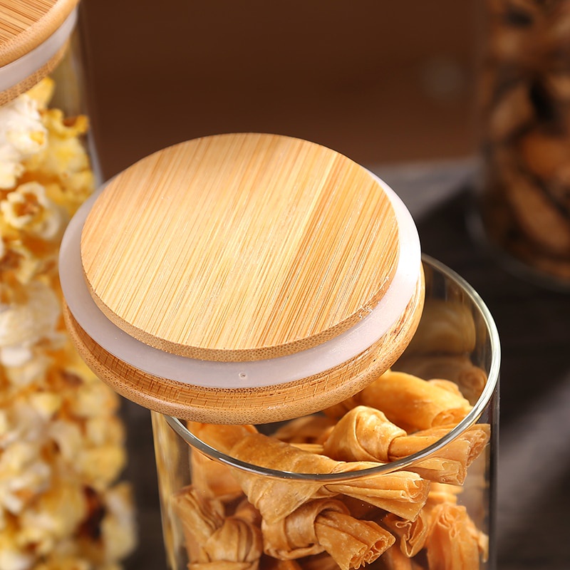 Toples kaca kedap udara penyimpanan makanan bumbu awet tahan lama tutup kayu One Two Cups Toples Kaca Penyimpanan Makanan Glass Jar Glass Food Storage Containers Spices Transparent With Lids Cookie Kitchen For Sugar Candy Cookie Rice Spice Jars