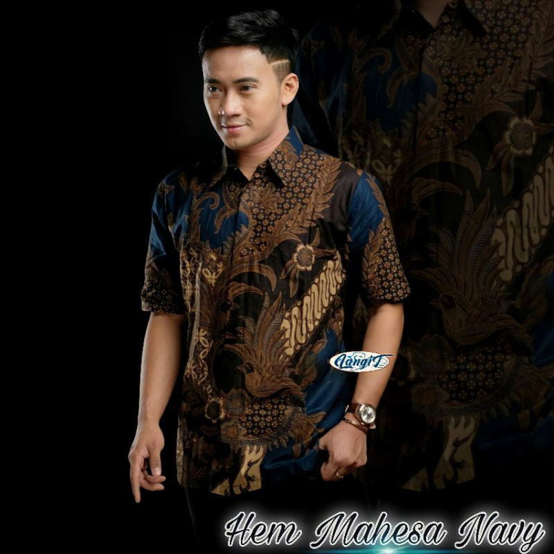 Batik Pria Lengan Pendek  BATIK MURAH HRB026 motif TERBARU 2021 Kode 002 size M L XL XXL BIG SIZE 3L 4L 5L 6L Reguler Fit-HEM MAHESA NAVY
