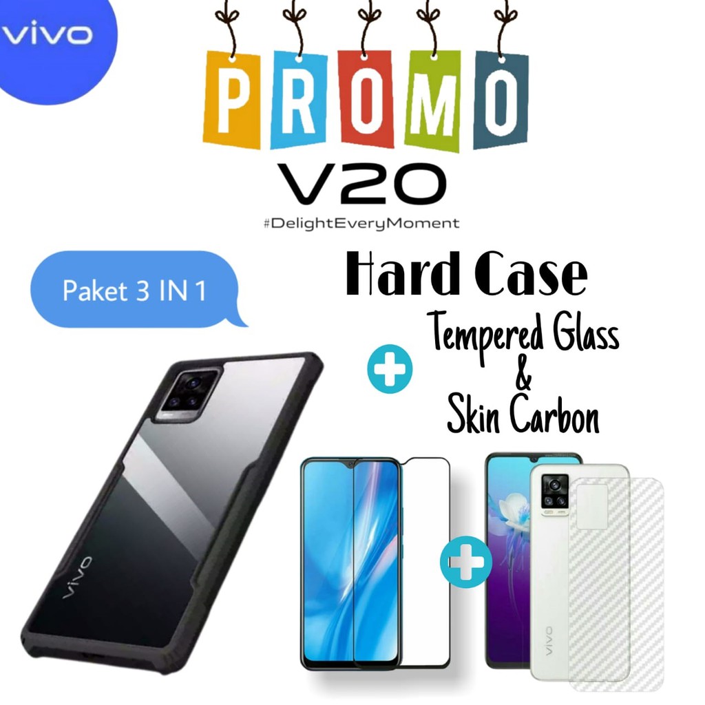 Hard Case Paket 3IN1 Vivo V20 Casing Fusion Free Tempered Glass dan Skin Carbon Transparant