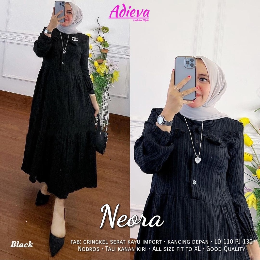 NEORA DRESS - GAMIS JUMBO M L XL XXL XXXL LD 100 110 120 130 - GAMIS POLOS BUSUI CRINKLE SERAT KAYU ADIEVA LEBAR MAYUNG-NEORA BLACK