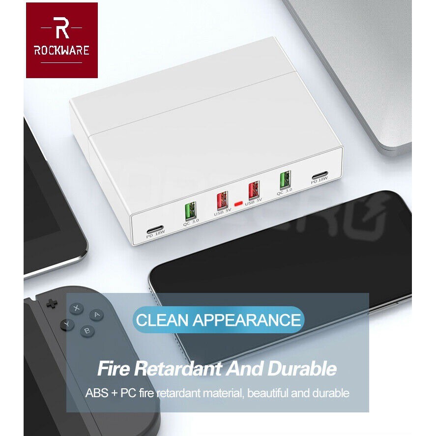 ROCKWARE X5 - 4 USB Port and 2 PD 18W Port Charging Station - 72W - Charger Multiport Up to 6