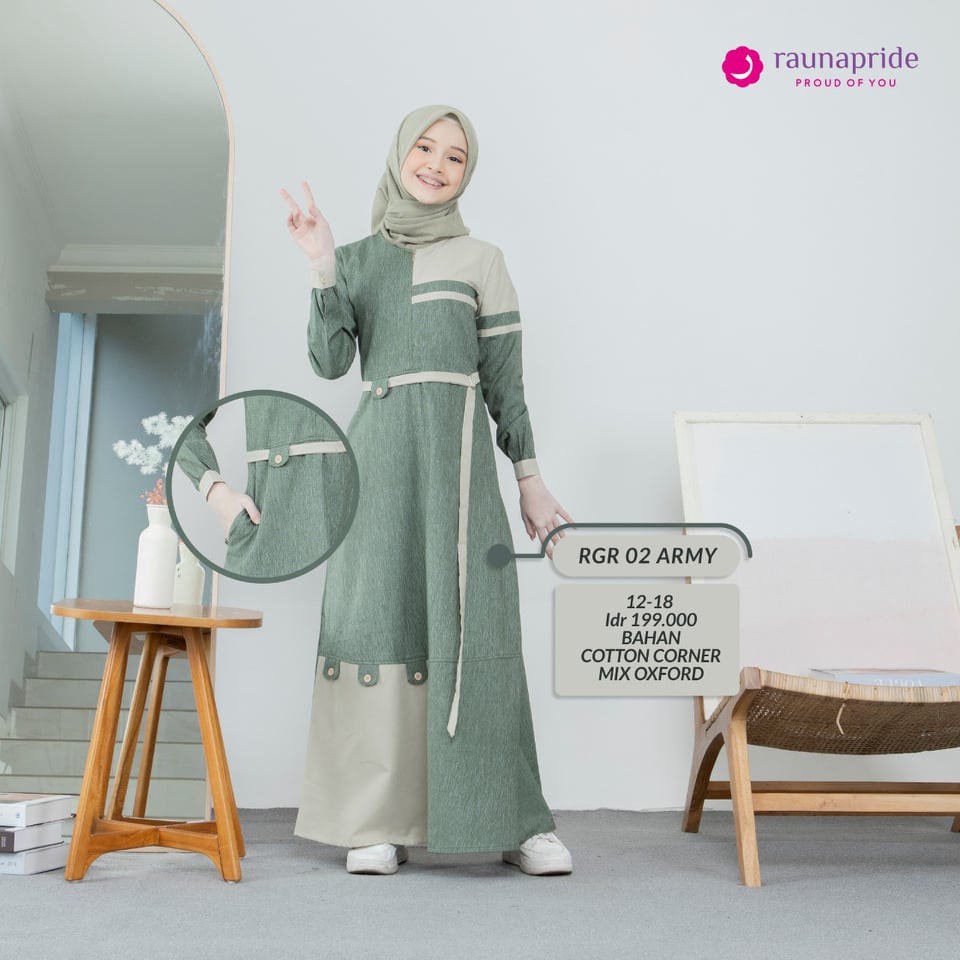 GAMIS ANAK REMAJA RAUNA | RGR 02 ARMY, CREAM, SALEM | GAMIS SIMPLE