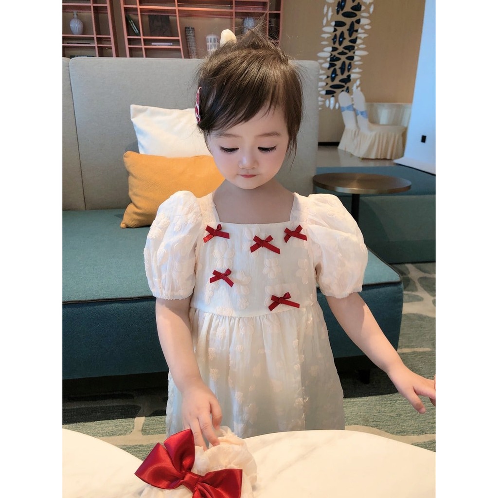 Promo !! Dress anak cewek - Dress white five ribbon accent import uk 1-3thn uk 5,7,9,11,13 (pink,cream,putih)