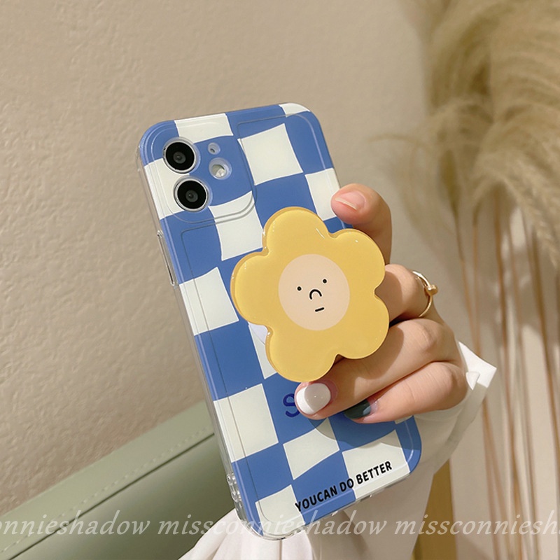 Blue Checkerboard Flower Stand Phone Case For iPhone 12 11 Pro Max XS MAX XR 7 8 6 6s Plus 7Plus SE 2020 Anti-fall Protective Cover