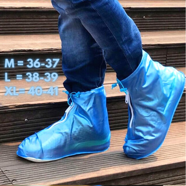 Jas Hujan Sepatu Cover Sepatu Anti Air Hujan Transparan Pelindung Cover Shoes Rain-Biru Resleting