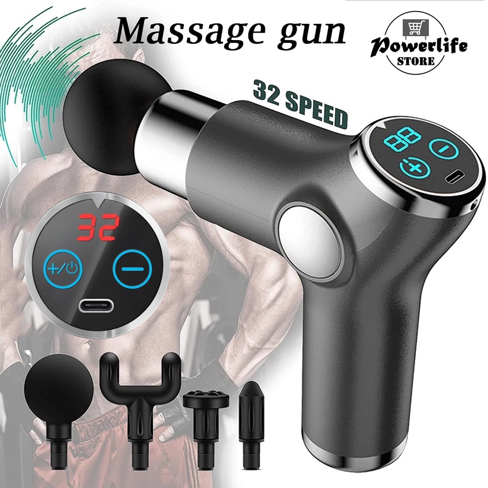 (COD) Alat Pijat Elektrik 4 in 1 Alat Pijat LCD Display Massage Gun Getar Terapi Otot Therapy Massager Gym Pembentuk Otot Electric