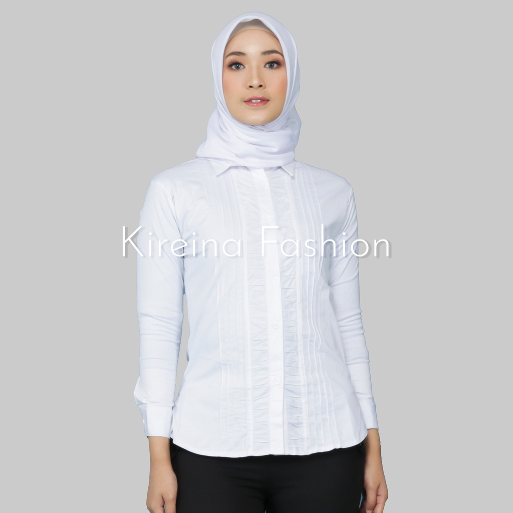 Kemeja Putih Wanita Rempel Panjang Bahan Katun Stretch Melar | Kireina Fashion