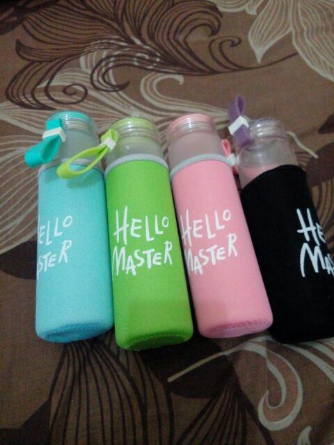 Hello Master + Pouch Warna 450ml Botol Minum Kaca / Botol Air / Water Glass Bottle