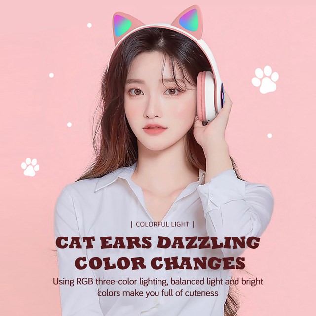 Cat Ear Headphone Bluetooth LED Wireless Stereo Bass Tipe STN-28