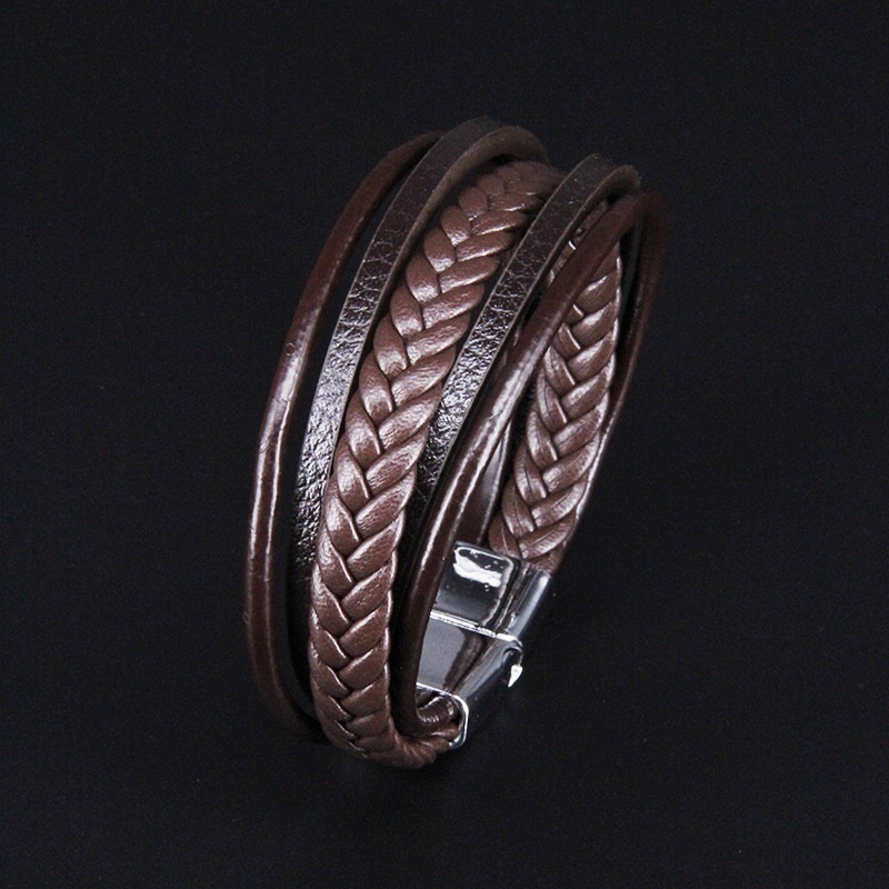 Gelang Magnetik Multilayer Bahan Kulit Warna Coklat Untuk Pria