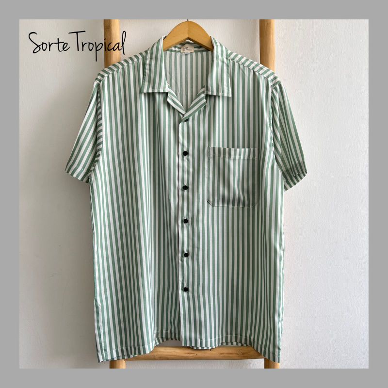 Kemeja Salur Stripe Hawaiian Shirt Green