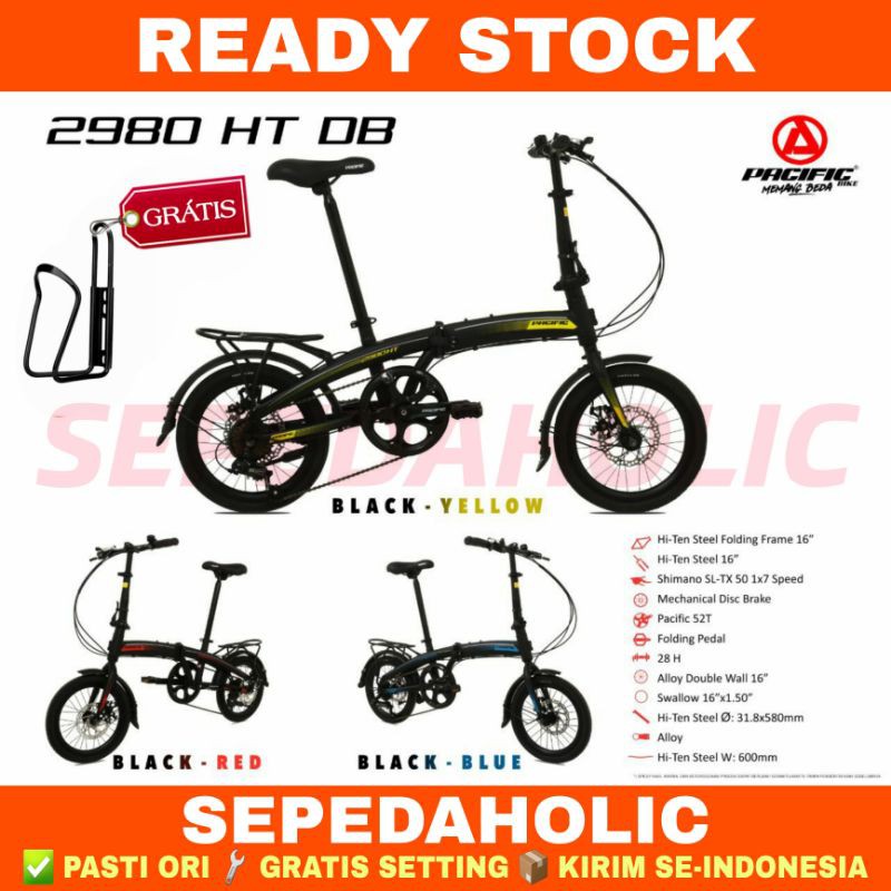 Sepeda Lipat 16" Inch PACIFIC 2980 HT DB Shimano 7 Speed Rem Cakram Ada Boncengan Garansi Resmi 5 Ta