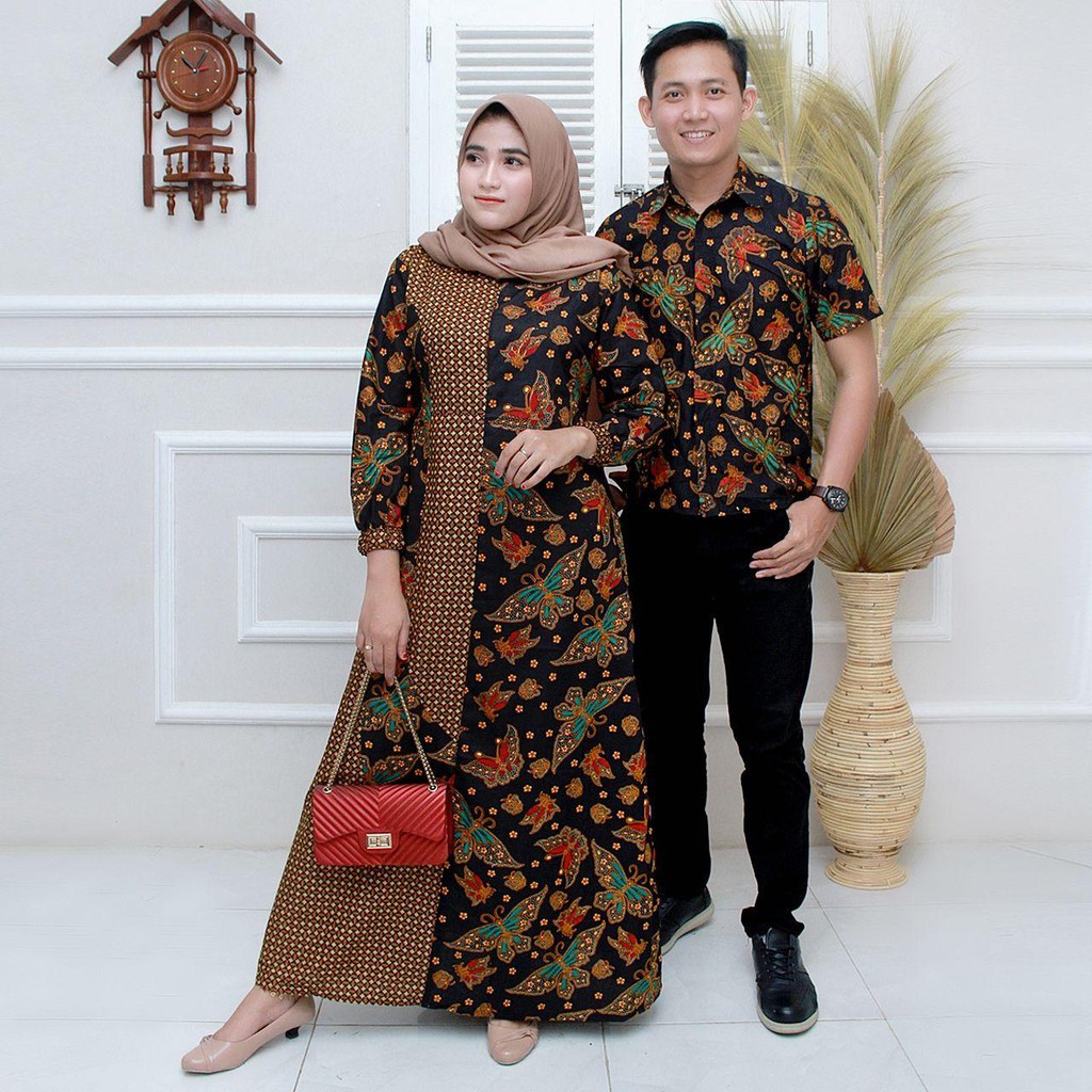 Batik Couple Gamis batik Maura Sania Ruffle ori Ndoro jowi DNT Size M L XL All Size-Couple GK112