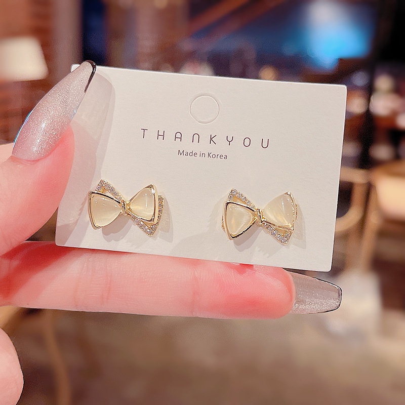 Shuling S925 Silver Needle Opal Bow Earrings Female Micro Inlaid Diamond Super Cute Stud Earrings