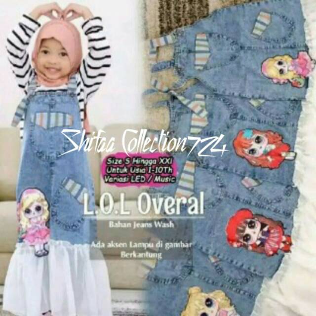 Baju Jeans Over all anak&quot; Boneka LED Bahan Soft Jeans 6 Ons ukuran 6 (OVa)