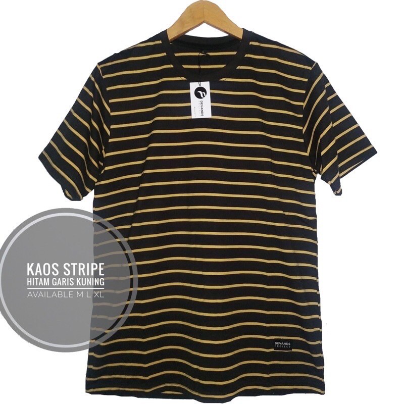 Kaos Polos Stripe Salur Garis Hitam Garis Kuning Kaos Distro Cotton CVC Pria / Wanita