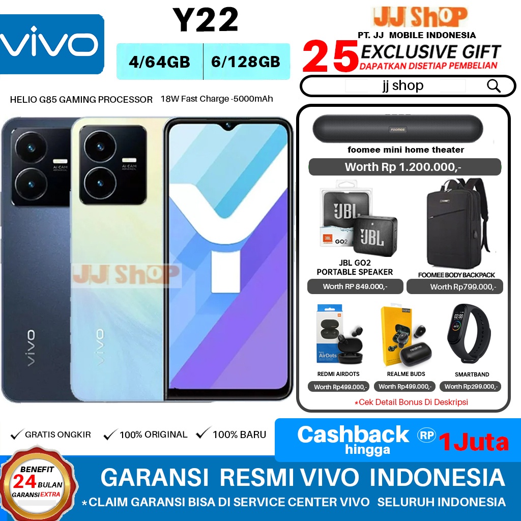 VIVO Y22 6/128 &amp; 4/128 4/64 GB RAM 6GB 4GB ROM 128GB 64GB GARANSI RESMI